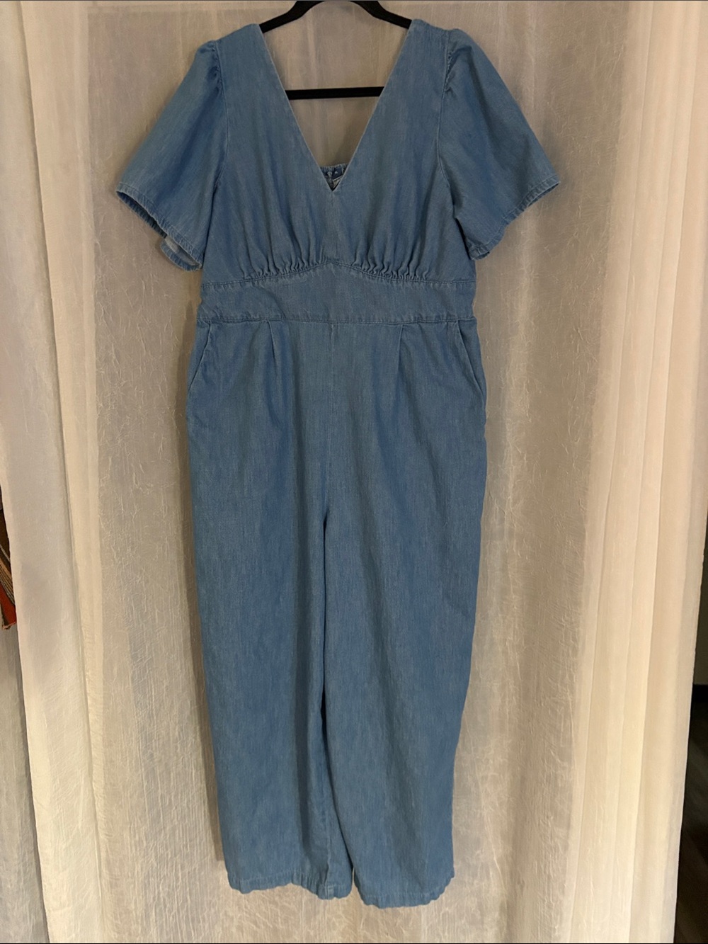 Light Blue Denim Jumpsuit with V-Neck